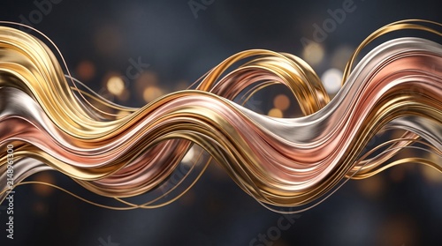 Elegant Abstract Wave Composition Featuring Interwoven Metallic Gold Silver and Copper Strands