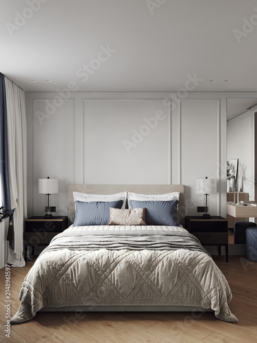 Foto Elegant modern bedroom with a large upholstered bed, soft neutral bedding, symmetrical nightstands, decorative wall paneling, and warm minimalist styling