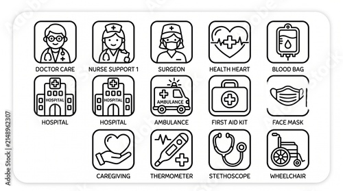 Medical Healthcare and Hospital Services Line Icons Set for Professional Clinical Support Projects