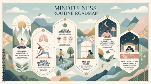 Daily Wellness Guide for Mental Health and Mindfulness Practice with Nature Illustrations