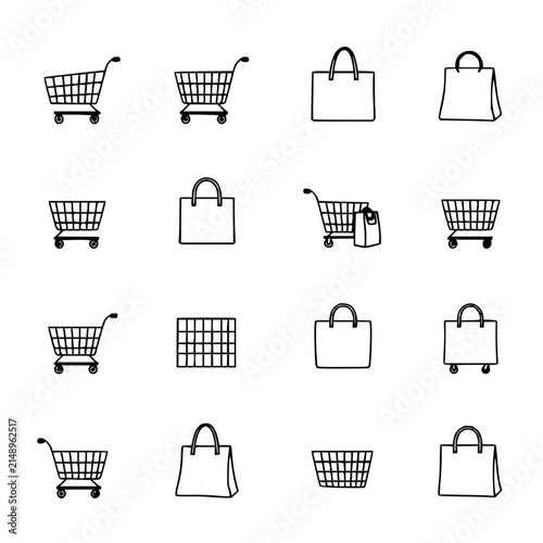 Shopping cart and bag icons set with a 4x4 grid of diverse minimalist black and white line art featuring shopping carts, grocery bags, tote bags with retail, consumer