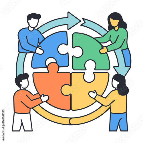Business Teamwork Concept with People Assembling Puzzle Pieces into Circle