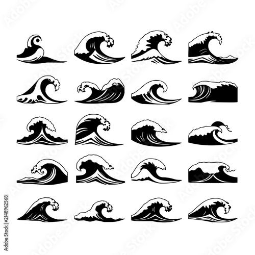 Ocean waves set with a 4x4 grid of black and white vector illustrations each showcasing unique wave forms featuring minimalist line art, high contrast, abstract symbolism with yin‑yang and heart
