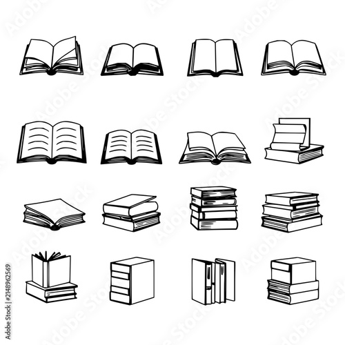 Collection of twelve different books and book stacks arranged in a 4x3 grid, each depicted in a simple, clean line art style. The books are shown in various states, such as open, closed, and stacke...