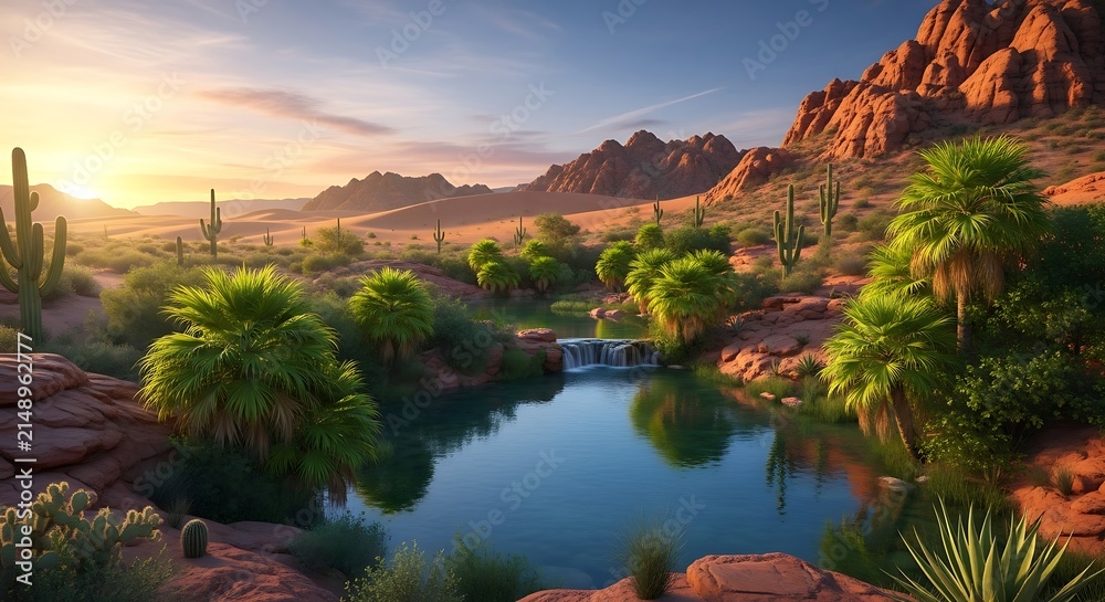 Fototapeta premium Desert oasis with greenery and mountains at sunset.