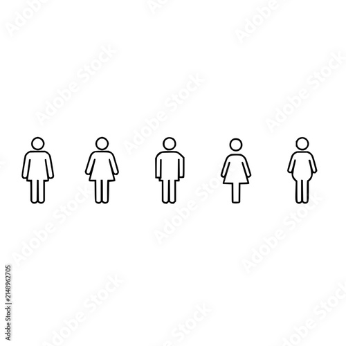 Bathroom signs set with clean black and white vector illustrations arranged horizontally featuring gender-neutral, accessible, male/female symbols with minimalist design and bold lines