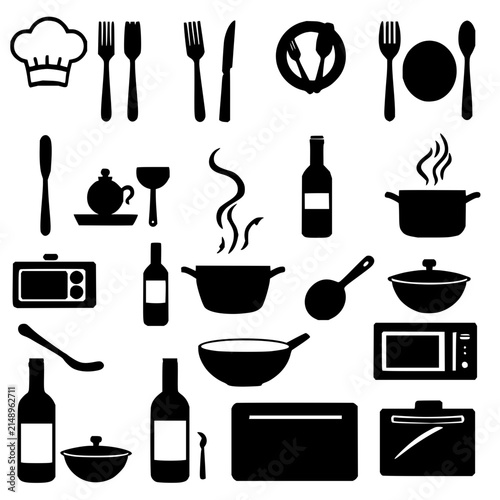 Collection of 16 black and white icons arranged in a 4x4 grid, each representing different elements related to cooking and dining. The icons include a chef's hat, a fork and knife, a plate with cut...