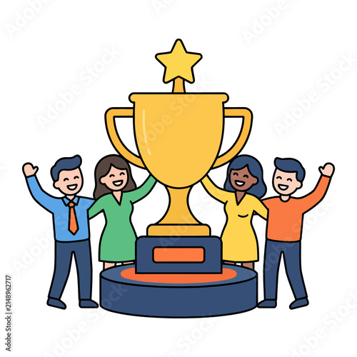 Happy Business Team Celebrating Victory and Holding Giant Trophy Trophy