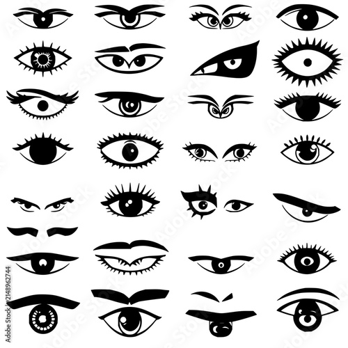 Eyes set with 24 stylized compositions arranged in a 6x4 grid featuring geometric patterns, minimalistic line detailing, black and white illustration with bold lines and creative motifs