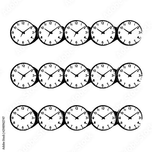 Analog clocks set with two rows of ten minimalist vector clocks featuring black hands, numbers, white background, even lighting and organized arrangement