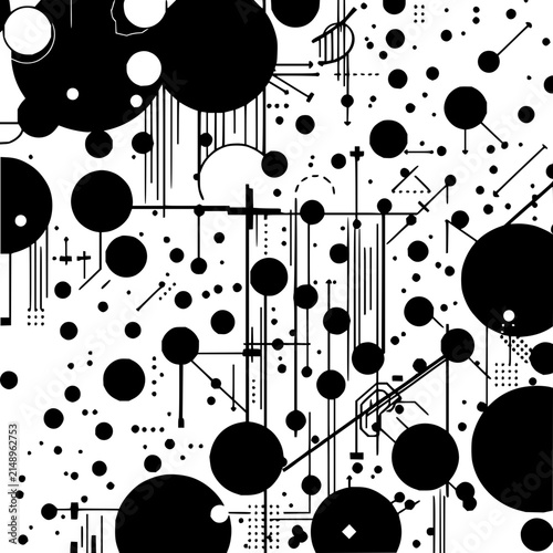 Abstract geometric shapes set with dense arrangement of circles, triangles, lines and irregular blobs featuring black and white, high contrast, minimalist with vectors and illustrations