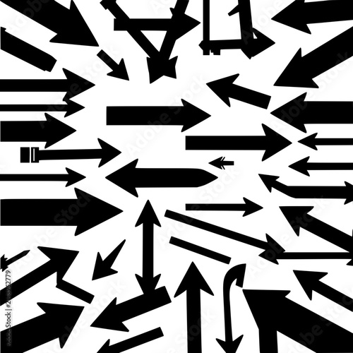 Collection of various black arrows pointing in different directions, including straight arrows, curved arrows, and circular arrows, arranged randomly against a white background. The arrows are bold...