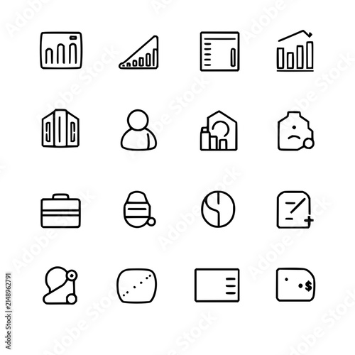 Financial terms icon set with 16 black and white simple vector icons in a 4x4 grid featuring balance, savings, investments, budgeting, debits with credits and expenses