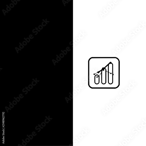 Bar graph icons set with two identical minimalist bar charts in black and white side by side featuring bar graph, upward arrow, dot network with geometric design and split background