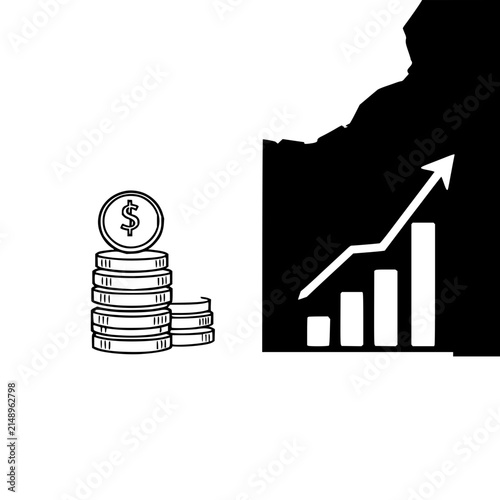 Two vector illustrations side by side, each featuring a stack of coins with a dollar sign on them, a bar graph with increasing bars, and an upward-pointing arrow. The left illustration is on a whit...