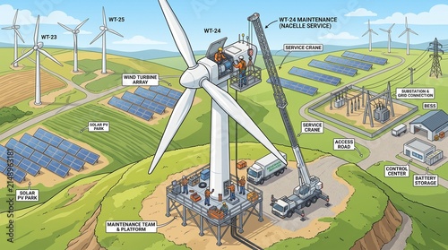 Wind turbine maintenance and renewable energy farm infrastructure illustration
