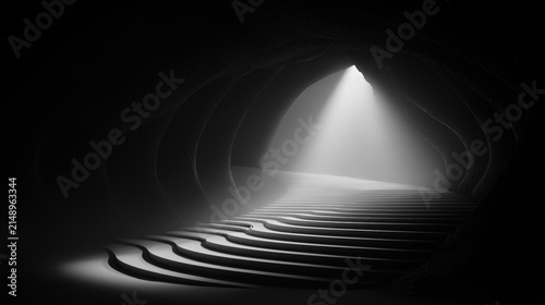 A staircase leading to a light source in a dark tunnel.