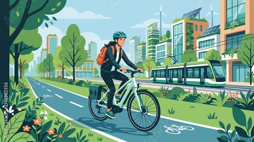 Woman Cycling an E-Bike in a Sustainable Green City, Promoting Eco-Friendly Urban Mobility and Modern Lifestyle