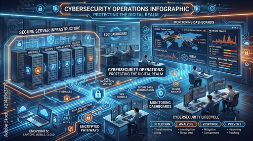Cybersecurity Operations Infographic Protecting the Digital Realm with Advanced Monitoring and Secure Infrastructure