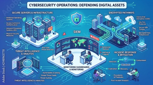 Comprehensive Isometric Infographic of Modern Cybersecurity Operations and Network Defense