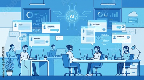AI-Powered Customer Service Center Illustration Enhancing Business Efficiency and Support