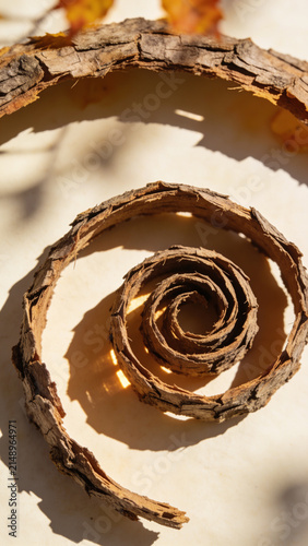 Curled natural tree bark spiral resting on beige background in warm autumn sunlight