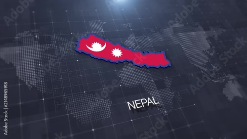 Nepal map with national flag on digital world map background, geographic border, global political and international news concept