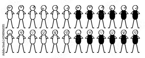 set of hand drawn stick figure standing pose with hands on hips. looking here and there. posture. body language.