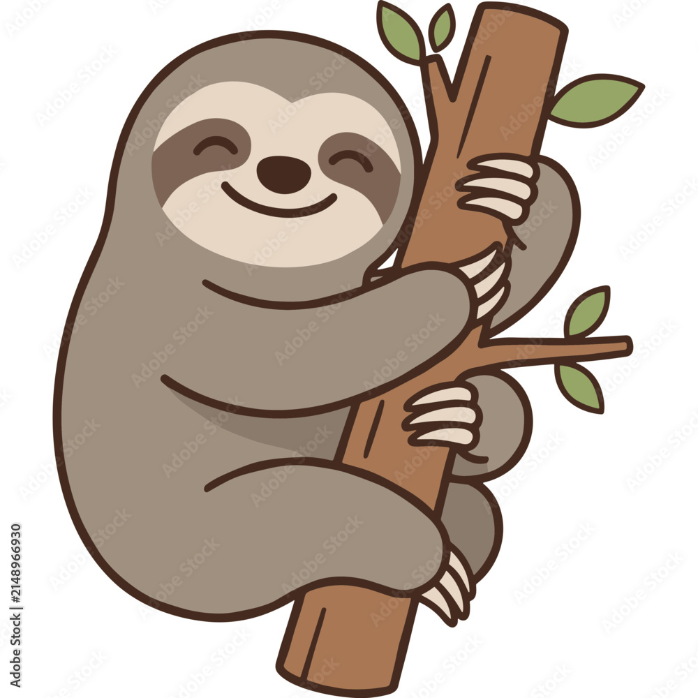 Fototapeta premium Cute Cartoon Sloth Hanging on a Tree Branch Vector Illustration for Nursery Decor