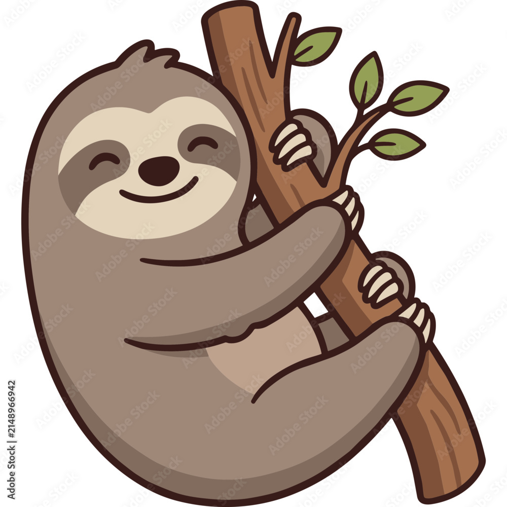 Fototapeta premium Cute Happy Cartoon Sloth Hanging from a Tree Branch, Adorable Lazy Animal Character Vector Illustration