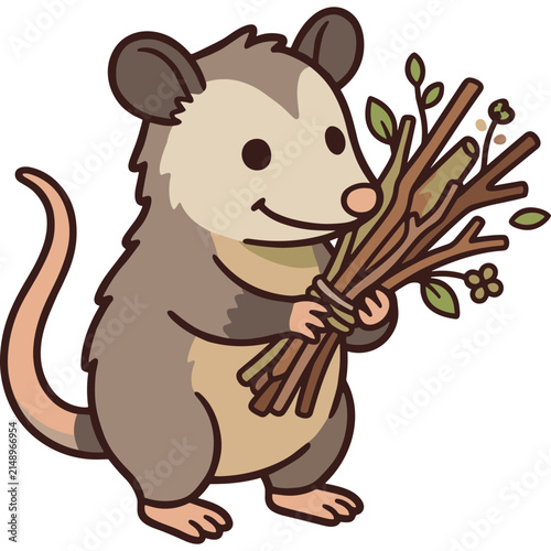 Cute cartoon opossum holding a bundle of sticks in a friendly and playful illustration style