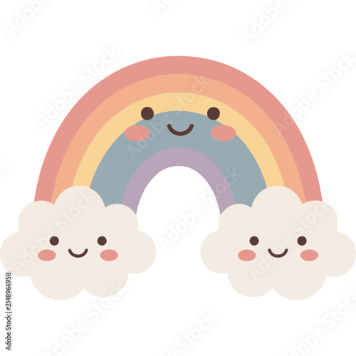 Cute pastel rainbow with smiling face and two happy fluffy white clouds for nursery print design