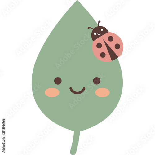 Cute Cartoon Green Leaf Illustration Featuring A Friendly Smiling Ladybug Character for Nature Inspired Graphic Design Projects