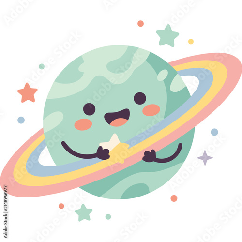 Cute cartoon planet with colorful rings and smiling face holding a little star vector illustration