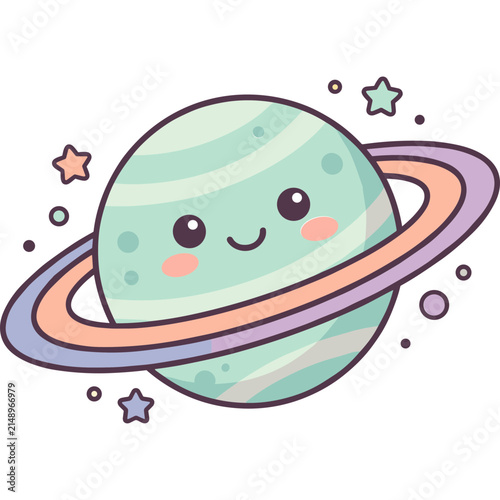 Adorable Kawaii Saturn Planet with Smiling Face and Colorful Rings in Space Featuring Twinkling Stars Pastel Illustration