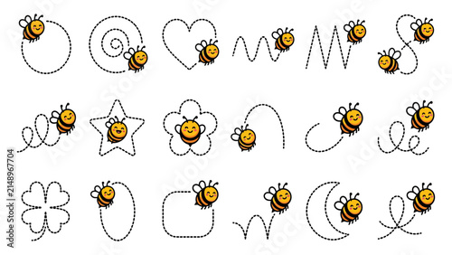 Cute cartoon bees flying along dashed lines and various shapes like hearts stars flowers and geometric patterns for kids
