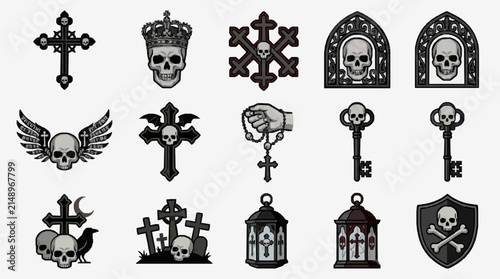 Clean Gothic Black and White Skull Symbols Icons and Emblems Collection with high quality professional line art symbols for modern creative design and digital branding projects