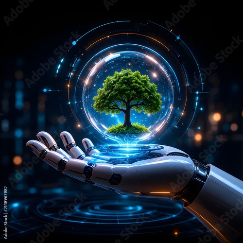 Robotic Hand Holding Holographic Tree Globe Representing AI Technology, Sustainable Future, Green Innovation and Environmental Intelligence