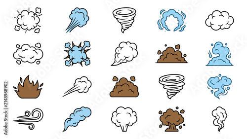 Set of cartoon smoke cloud and explosion icons featuring various weather effects like tornado fire dust wind