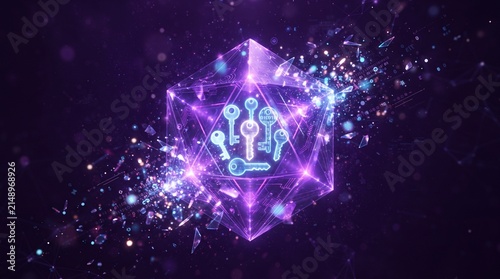 Abstract Concept of Digital Security Luminous Keys within a Fragmented Polygonal Structure Representing Encrypted Data Access and Protected Information in a Virtual Cyberspace Environment