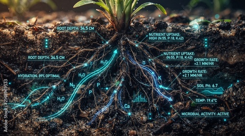 Digital insights into plant roots in soil, displaying scientific data on nutrient uptake, hydration, and microbial activity for optimized growth
