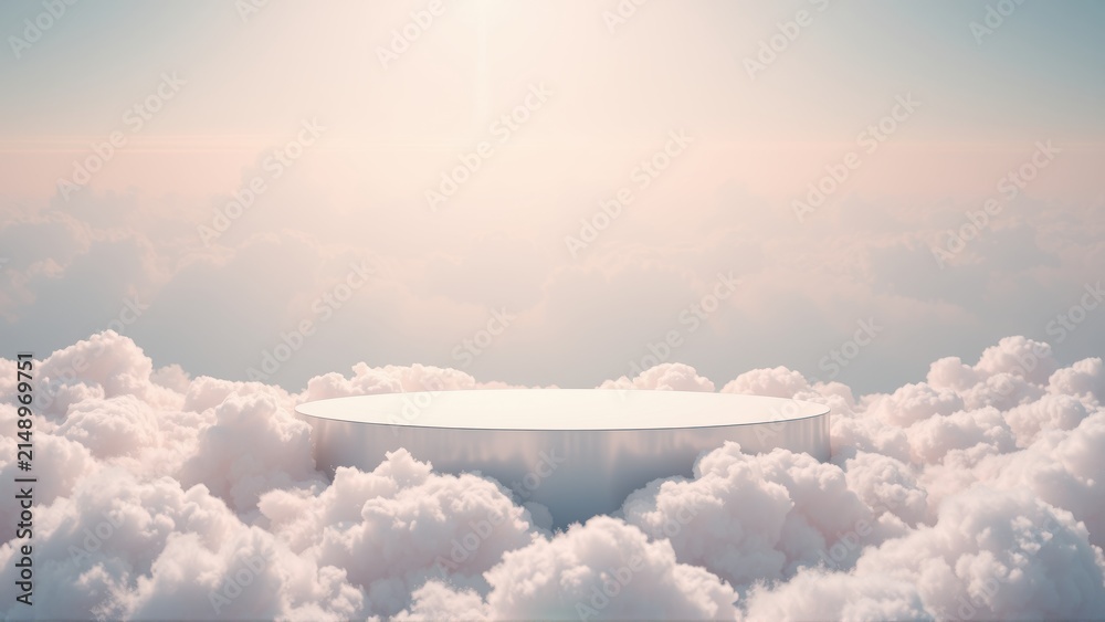 Fototapeta premium Silver cylinder platform floats amid fluffy clouds. Soft light creates dreamy, ethereal scene. Minimalist presentation space.