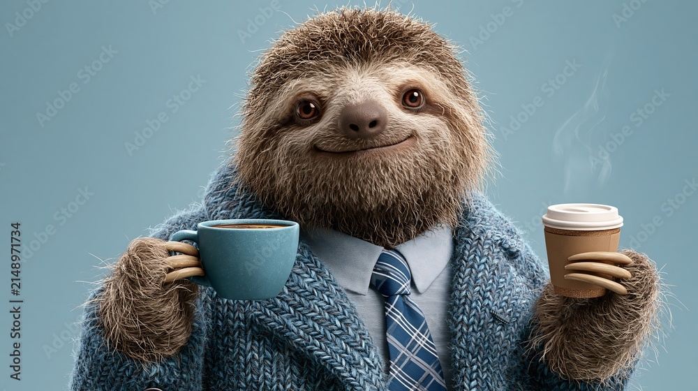 Naklejka premium A fluffy sloth holds a warm beverage, dressed in a tailored suit and tie, against a muted blue backdrop