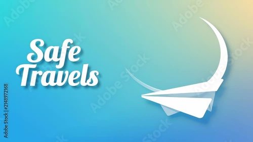 Safe Travels greeting with a white paper airplane on a blue gradient background for vacation and trip wishes