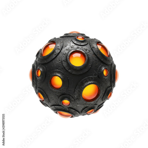 Futuristic Black Sphere with Glowing Orange Glass Orbs