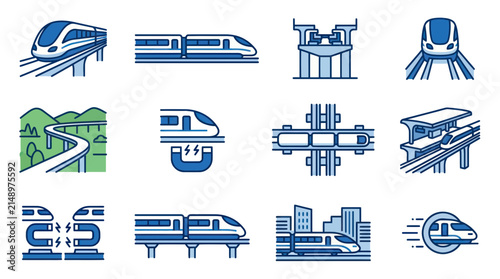 Blue and green train transportation icon set.