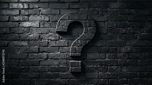 A large question mark shaped into a dark brick wall. Concept for problem solving, FAQs, and business strategy.