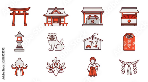 Traditional Japanese Shinto and cultural icon set.