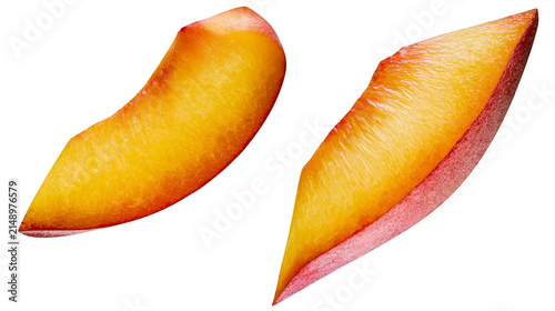 Two ripe peach slices with vibrant yellow flesh and pinkish-red skin