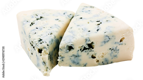 Foto Two wedges of blue cheese with visible mold veins